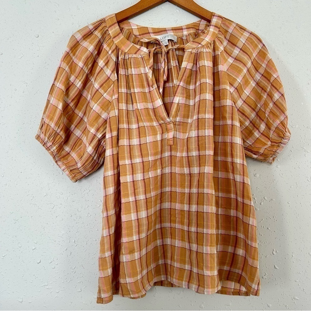 Loft Mustard Plaid Puff Sleeve Peasant Blouse Small